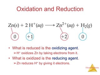 Electrochemistry
Oxidation and Reduction
• What is reduced is the oxidizing agent.
➢H+ oxidizes Zn by taking electrons from it.
• What is oxidized is the reducing agent.
➢Zn reduces H+ by giving it electrons.
 