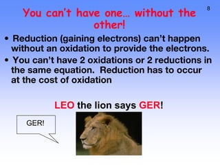 8
You can’t have one… without the
other!
• Reduction (gaining electrons) can’t happen
without an oxidation to provide the electrons.
• You can’t have 2 oxidations or 2 reductions in
the same equation. Reduction has to occur
at the cost of oxidation
LEO the lion says GER!
GER!
 