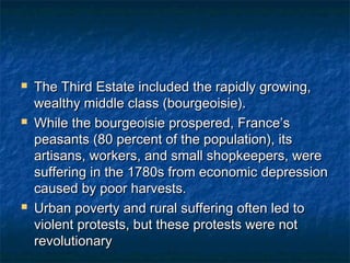    The Third Estate included the rapidly growing,
    wealthy middle class (bourgeoisie).
   While the bourgeoisie prospered, France’s
    peasants (80 percent of the population), its
    artisans, workers, and small shopkeepers, were
    suffering in the 1780s from economic depression
    caused by poor harvests.
   Urban poverty and rural suffering often led to
    violent protests, but these protests were not
    revolutionary
 
