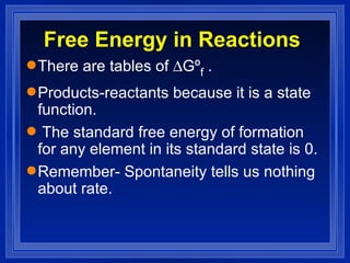 Free Energy in Reactions There are tables of   Gº f  . Products-reactants because it is a state function. The standard free energy of formation for any element in its standard state is 0. Remember- Spontaneity tells us nothing about rate. 