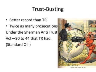 Trust-Busting
• Better record than TR
• Twice as many prosecutions
Under the Sherman Anti Trust
Act—90 to 44 that TR had.
(Standard Oil )

 