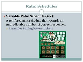 Ratio Schedules
 Variable Ratio Schedule (VR):
A reinforcement schedule that rewards an
unpredictable number of correct responses.
 Example: Buying lottery tickets
 