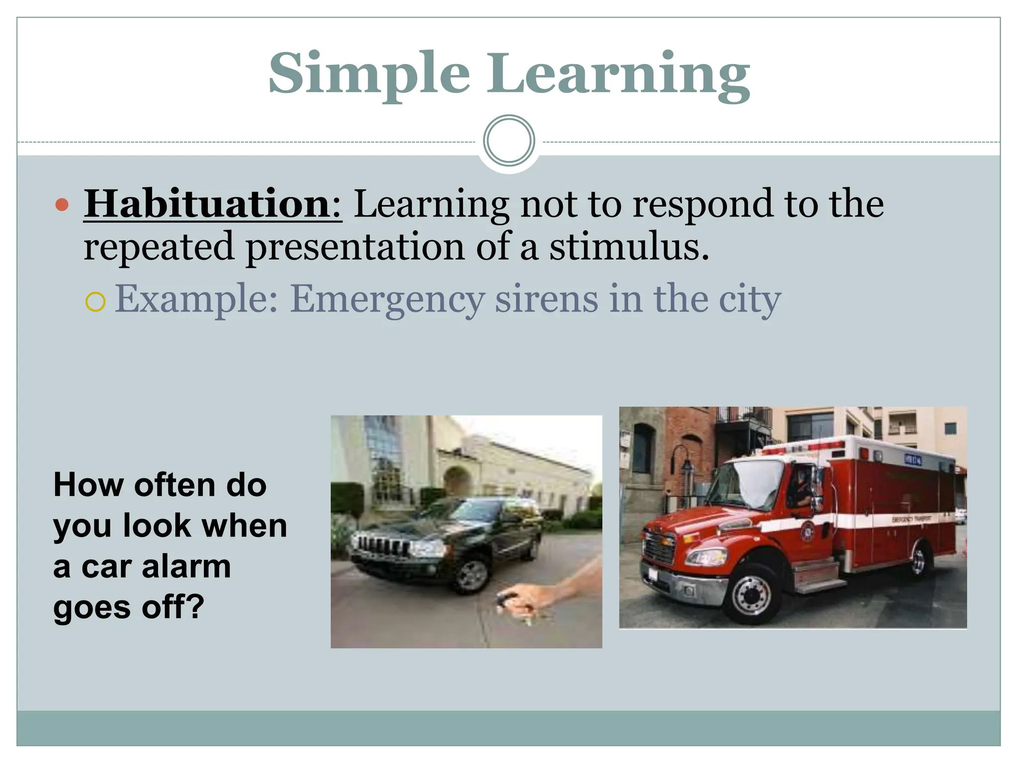 Simple Learning
 Habituation: Learning not to respond to the
repeated presentation of a stimulus.
 Example: Emergency sirens in the city
How often do
you look when
a car alarm
goes off?
 