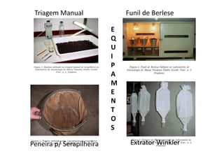Triagem Manual               Funil de Berlese

                          E
                          Q
                          U
                          I
                          P
                          A
                          M
                          E
                          N
                          T
                          O
                          S

Peneira p/ Serapilheira        Extrator Winkler
 