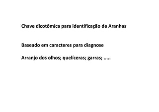 Chave dicotômica para identificação de Aranhas


Baseado em caracteres para diagnose

Arranjo dos olhos; quelíceras; garras; .....
 