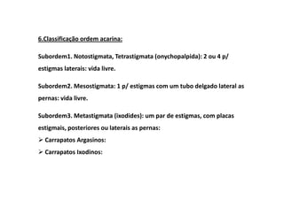 6.Classificação ordem acarina:

Subordem1. Notostigmata, Tetrastigmata (onychopalpida): 2 ou 4 p/
estigmas laterais: vida livre.

Subordem2. Mesostigmata: 1 p/ estigmas com um tubo delgado lateral as
pernas: vida livre.

Subordem3. Metastigmata (ixodides): um par de estigmas, com placas
estigmais, posteriores ou laterais as pernas:
  Carrapatos Argasinos:
  Carrapatos Ixodinos:
 
