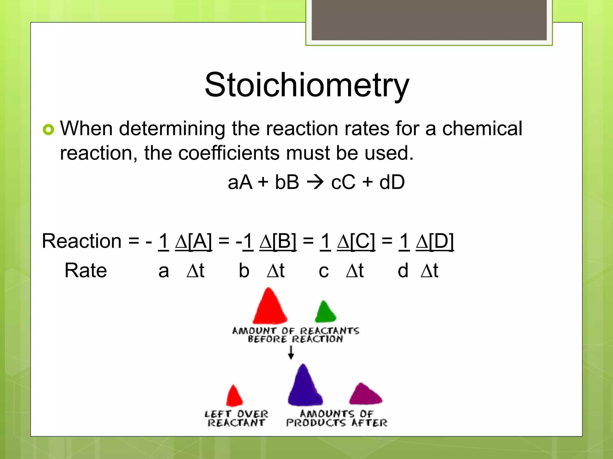 Stoichiometry
 When determining the reaction rates for a chemical
reaction, the coefficients must be used.
aA + bB  cC + dD
Reaction = - 1 D[A] = -1 D[B] = 1 D[C] = 1 D[D]
Rate a Dt b Dt c Dt d Dt
 