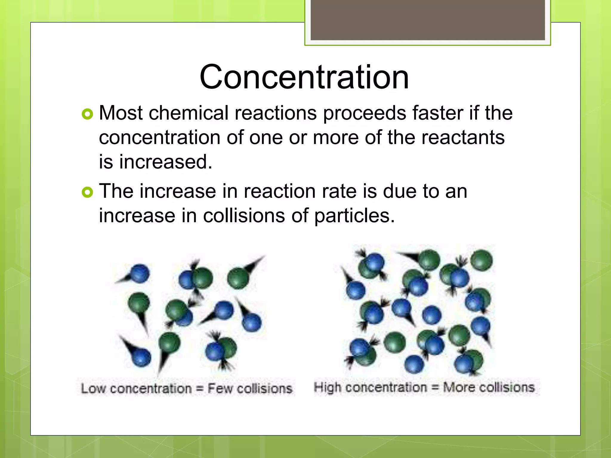 Concentration
 Most chemical reactions proceeds faster if the
concentration of one or more of the reactants
is increased.
 The increase in reaction rate is due to an
increase in collisions of particles.
 