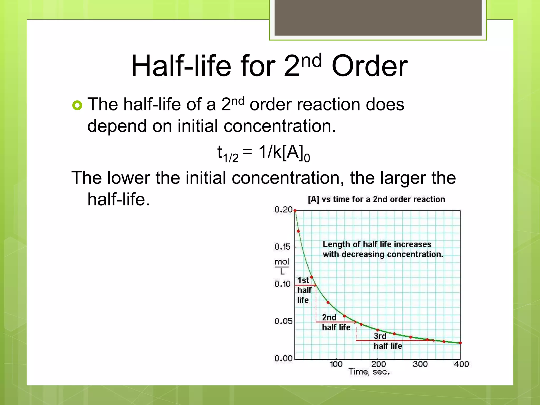 Half-life for 2nd Order
 The half-life of a 2nd order reaction does
depend on initial concentration.
t1/2 = 1/k[A]0
The lower the initial concentration, the larger the
half-life.
 
