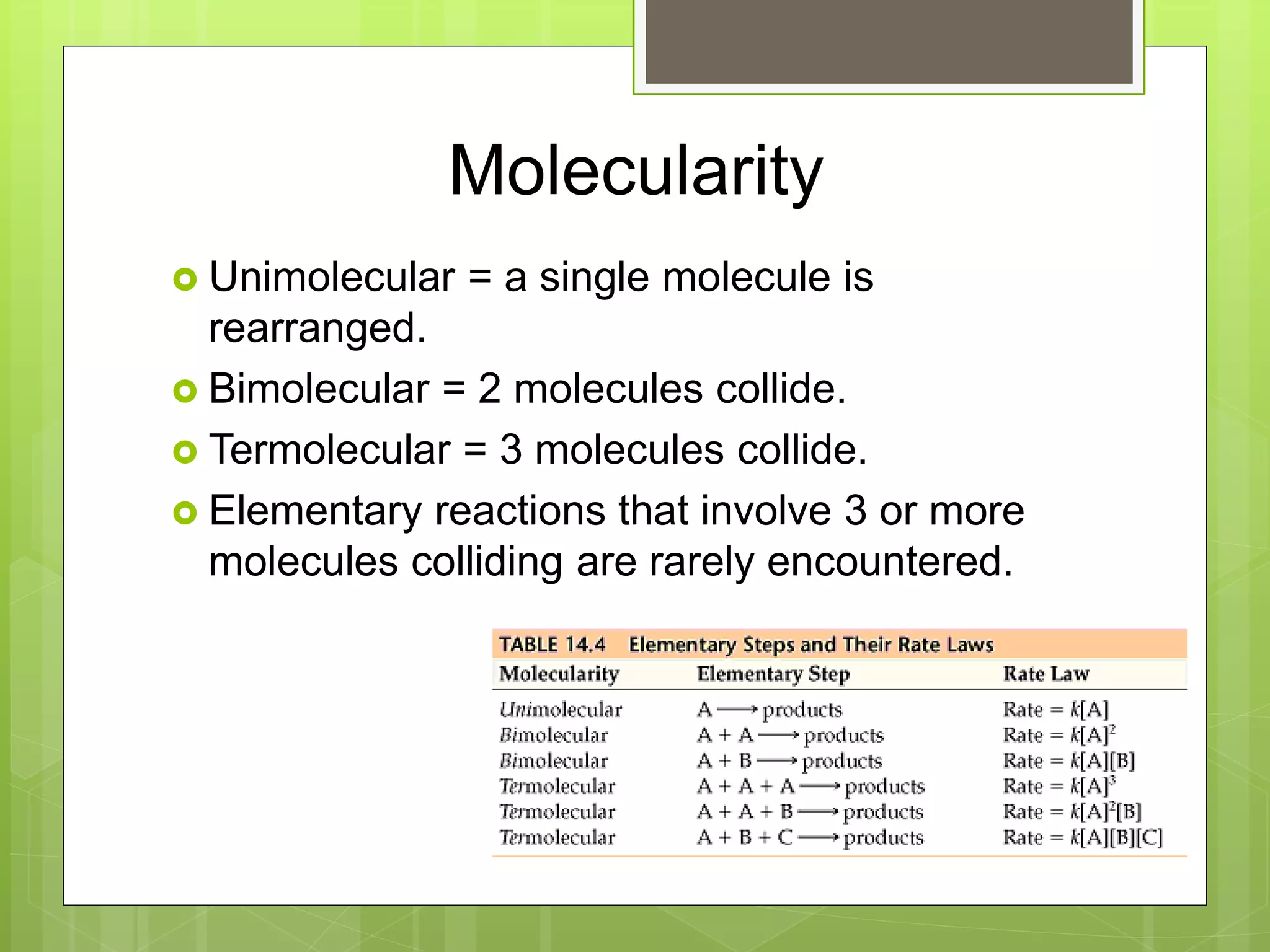 Molecularity
 Unimolecular = a single molecule is
rearranged.
 Bimolecular = 2 molecules collide.
 Termolecular = 3 molecules collide.
 Elementary reactions that involve 3 or more
molecules colliding are rarely encountered.
 