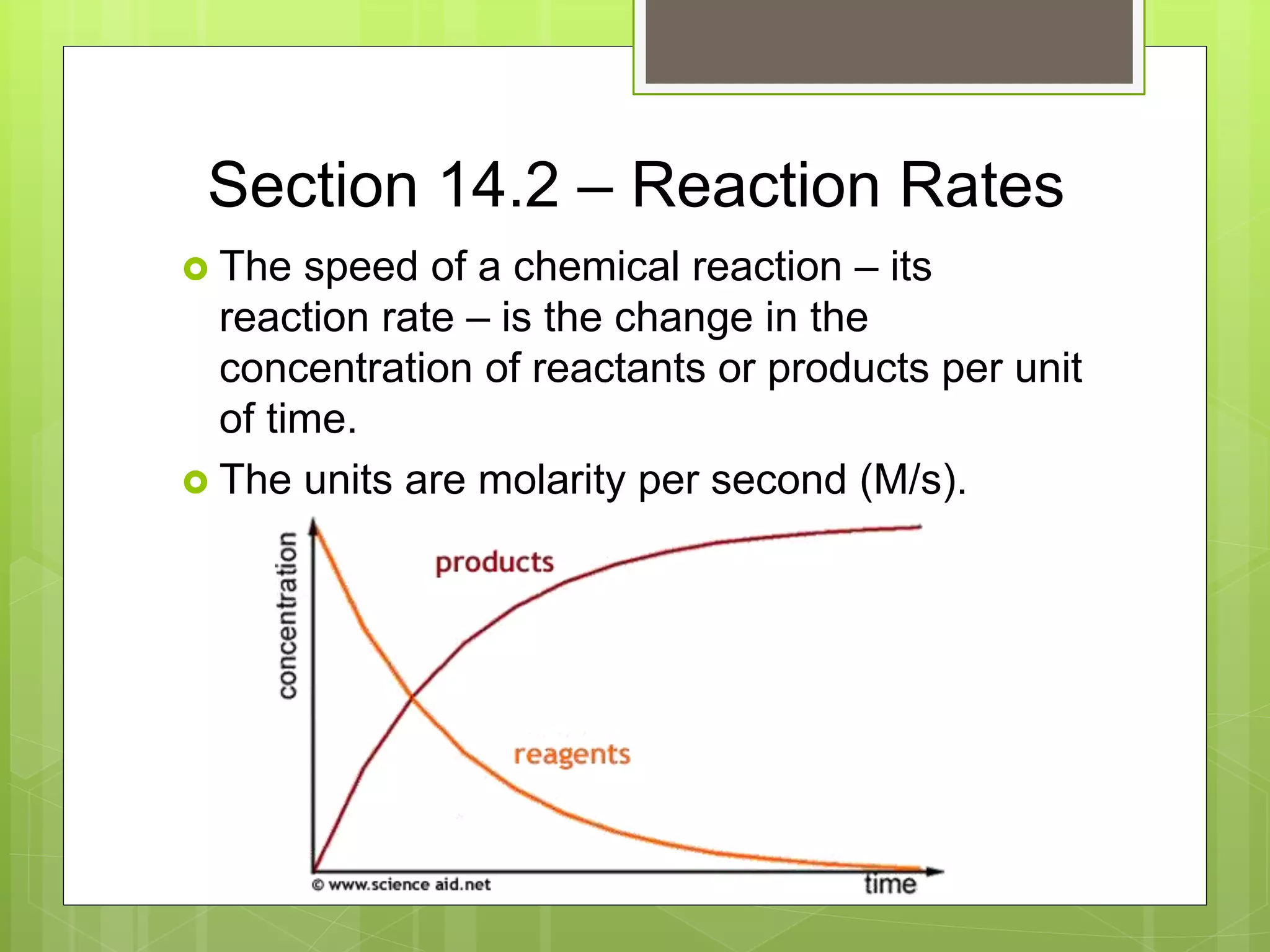 Section 14.2 – Reaction Rates
 The speed of a chemical reaction – its
reaction rate – is the change in the
concentration of reactants or products per unit
of time.
 The units are molarity per second (M/s).
 