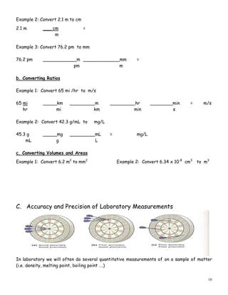 10
Example 2: Convert 2.1 m to cm
2.1 m ___ cm =
m
Example 3: Convert 76.2 pm to mm
76.2 pm ____________m _____________mm =
pm m
b. Converting Ratios
Example 1: Convert 65 mi /hr to m/s
65 mi _____km _________m _________hr ________min = m/s
hr mi km min s
Example 2: Convert 42.3 g/mL to mg/L
45.3 g _____mg _________mL = mg/L
mL g L
c. Converting Volumes and Areas
Example 1: Convert 6.2 m2
to mm2
Example 2: Convert 6.34 x 10-8
cm3
to m3
C. Accuracy and Precision of Laboratory Measurements
In laboratory we will often do several quantitative measurements of on a sample of matter
(i.e. density, melting point, boiling point ….)
 