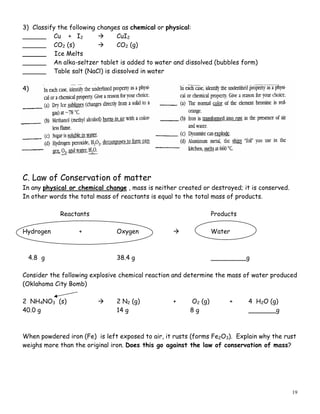19
3) Classify the following changes as chemical or physical:
______ Cu + I2 CuI2
______ CO2 (s) CO2 (g)
______ Ice Melts
______ An alka-seltzer tablet is added to water and dissolved (bubbles form)
______ Table salt (NaCl) is dissolved in water
4)
C. Law of Conservation of matter
In any physical or chemical change , mass is neither created or destroyed; it is conserved.
In other words the total mass of reactants is equal to the total mass of products.
Reactants Products
Hydrogen + Oxygen Water
4.8 g 38.4 g _________g
Consider the following explosive chemical reaction and determine the mass of water produced
(Oklahoma City Bomb)
2 NH4NO3 (s) 2 N2 (g) + O2 (g) + 4 H2O (g)
40.0 g 14 g 8 g _______g
When powdered iron (Fe) is left exposed to air, it rusts (forms Fe2O3). Explain why the rust
weighs more than the original iron. Does this go against the law of conservation of mass?
 