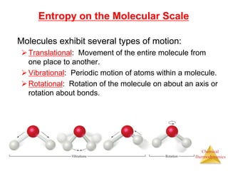 Chemical
Thermodynamics
Entropy on the Molecular Scale
Molecules exhibit several types of motion:
Translational: Movement of the entire molecule from
one place to another.
Vibrational: Periodic motion of atoms within a molecule.
Rotational: Rotation of the molecule on about an axis or
rotation about bonds.
 