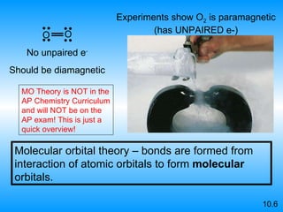 Molecular orbital theory – bonds are formed from interaction of atomic orbitals to form  molecular  orbitals. No unpaired e - Should be diamagnetic  Experiments show O 2  is paramagnetic (has UNPAIRED e-) 10.6 MO Theory is NOT in the AP Chemistry Curriculum and will NOT be on the AP exam! This is just a quick overview! O O 
