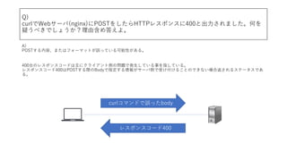 Q)
curlWeb`(nginx)POST򤷤HTTP쥹ݥ󥹤400ȳޤΤ
ɤ٤Ǥ礦ɺ𤨤衣
A)
POSTݡޤϥե`ޥåȤ`äƤԤ롣
400̨Υ쥹ݥ󥹥`ɤ˥饤ȂȤΆ}ǰkƤ¤ָƤ롣
쥹ݥ󥹥`400POSTHBodyָ󤬥`ЂȤܤ뤳ȤΤǤʤϷ륹Ʃ`Ǥ
롣
curlޥɤ`äbody
쥹ݥ󥹥`400
 