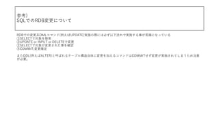 ο)
SQLǤRDBˤĤ
RDBǤΉϵDMLޥ(UPDATE)gʩHˤϱؤǌgʩ¤RˤʤäƤ
SELECTǌ
UPDATE or INPUT or DELETEǉ
SELECTǌ󤬉줿¤_J
COMMIT;_
ޤDDL(ALTER)ȺФƩ`֥똋ˉӤ륳ޥɤCOMMITgʩƤޤע
Ҫ
 