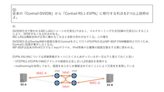 Q)
ΡContrail OVSDB顸Contrail R5.1-EVPNФ2h
衣
A)
OVSDBʽʹMC-LAG(`?)ǤϤʤޥ۩`ߥ󥰷ʽ(ؾ?)ˤ뤳
ˤꡢSPOFʤʤ㤬롣
MC-LAGϙC夬˃PʤʤȫϤο֤줬Ƥ롣Έ
OVSDBʽOverlayNWνU·QContrail餷ФEVPNʽMP-BGPNWCͬʿФᡢ
Contrail˄IФʤʤ롣
MP-BGPϏIPv4Ǥʤmac٥롢IPv6ȘʷNνU·Q򤹤Hʹ롣
EVPN-VXLANˤĤƤԔ󤬥ͥåȤˤ󤢤äƤ뤬һ¤ҙƤ
?VTEPͬʿEVPNMACɥ쥹νU·ڸ椷ϤL2_ԤgF
?multihoming?ƤꡢU·򤢤餫}QƤȤˤ?ԤgFƤ
SV-BSV-A
label
label
MAC-A
MAC-A
VTEP VTEP
 