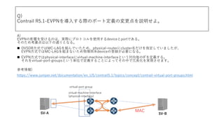 Q)
Contrail R5.1-EVPN뤹HΥݩ`ȶxΉh衣
A)
EVPNӰ푤ܤΤϡgH˥ץȥʹ?deviceportǤ롣
Τῼ]¤ͨȤʤ롣
? OVSDBʽǤMC-LAGMǤᡢphysical-routerclusterָƤޤ
EVPNʽǤMC-LAGMޤʤIϵdeviceεhҪˤʤ롣
? EVPNʽǤphysical-interfacevirtual-machine-interfaceȤ򚰤IFx롣
virtual-port-groupsȤgλǶx뤳ȤˤäƤФ?gFޤ
ο)
https://www.juniper.net/documentation/en_US/contrail5.1/topics/concept/contrail-virtual-port-groups.html
SV-BSV-A
MAC
virtual-machine-interface
(physical-interface)
virtual-port-group
 