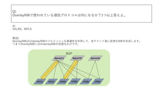 BGP
Q)
OverlayNWʹƤͨťץȥϺΤˤʤ뤫1ϴ𤨤衣
A)
VXLANMPLS
h)
OverlayNWUnderlayNWΥեåʯEͨԤ?ơƥʥȚˁNWγɤޤ
ĤޤOverlayNWˤUnderlayNWǰʤ櫓Ǥ
Spine(S)Spine(D)Spine(C)
LF(C) LF(D)LF(C) LF(D) LF(S)LF(S)
 
