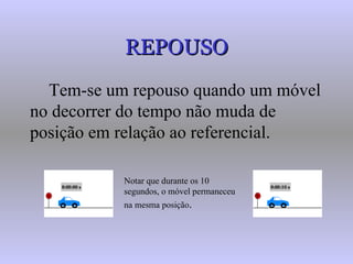 REPOUSO Tem-se um repouso quando um móvel no decorrer do tempo não muda de posição em relação ao referencial. Notar que durante os 10 segundos, o móvel permaneceu na mesma posição . 