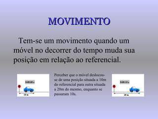 MOVIMENTO Tem-se um movimento quando um móvel no decorrer do tempo muda sua posição em relação ao referencial. Perceber que o móvel deslocou-se de uma posição situada a 10m do referencial para outra situada a 20m do mesmo, enquanto se passaram 10s.  