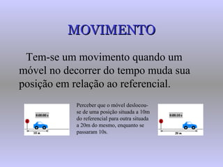 MOVIMENTOMOVIMENTO
Tem-se um movimento quando um
móvel no decorrer do tempo muda sua
posição em relação ao referencial.
Perceber que o móvel deslocou-
se de uma posição situada a 10m
do referencial para outra situada
a 20m do mesmo, enquanto se
passaram 10s.
 