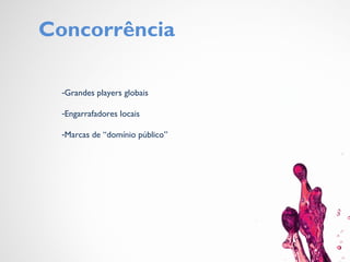 Concorrência
-Grandes players globais
-Engarrafadores locais
-Marcas de “domínio público”
 