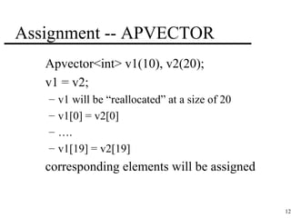 123 
Assignment -- APVECTOR 
 Apvectorint v1(10), v2(20); 
 v1 = v2; 
– v1 will be “reallocated” at a size of 20 
– v1[0] = v2[0] 
– …. 
– v1[19] = v2[19] 
 corresponding elements will be assigned 
 