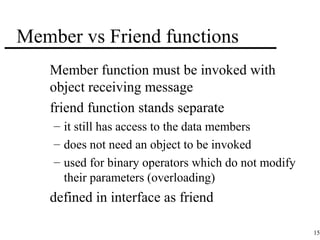 153 
Member vs Friend functions 
 Member function must be invoked with 
object receiving message 
 friend function stands separate 
– it still has access to the data members 
– does not need an object to be invoked 
– used for binary operators which do not modify 
their parameters (overloading) 
 defined in interface as friend 
 