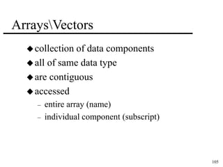 105 
ArraysVectors 
 collection of data components 
 all of same data type 
 are contiguous 
accessed 
– entire array (name) 
– individual component (subscript) 
 