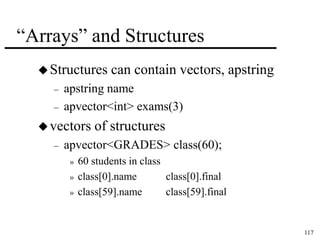 117 
“Arrays” and Structures 
Structures can contain vectors, apstring 
– apstring name 
– apvector<int> exams(3) 
vectors of structures 
– apvector<GRADES> class(60); 
» 60 students in class 
» class[0].name class[0].final 
» class[59].name class[59].final 
 