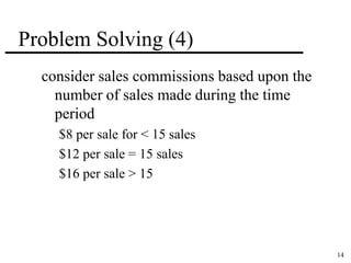 14 
Problem Solving (4) 
consider sales commissions based upon the 
number of sales made during the time 
period 
$8 per sale for < 15 sales 
$12 per sale = 15 sales 
$16 per sale > 15 
 