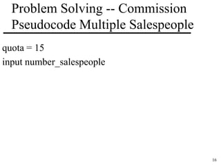 16 
Problem Solving -- Commission 
Pseudocode Multiple Salespeople 
quota = 15 
input number_salespeople 
 