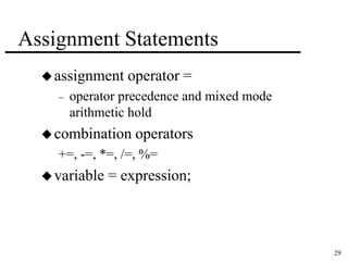29 
Assignment Statements 
assignment operator = 
– operator precedence and mixed mode 
arithmetic hold 
combination operators 
+=, -=, *=, /=, %= 
variable = expression; 
 