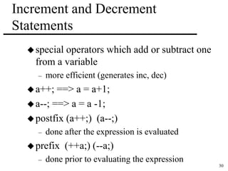 30 
Increment and Decrement 
Statements 
special operators which add or subtract one 
from a variable 
– more efficient (generates inc, dec) 
a++; ==> a = a+1; 
a--; ==> a = a -1; 
postfix (a++;) (a--;) 
– done after the expression is evaluated 
prefix (++a;) (--a;) 
– done prior to evaluating the expression 
 