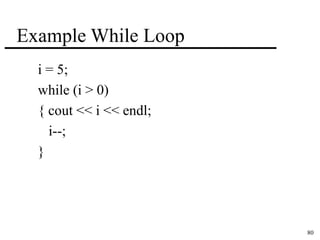 80 
Example While Loop 
i = 5; 
while (i > 0) 
{ cout << i << endl; 
i--; 
} 
 