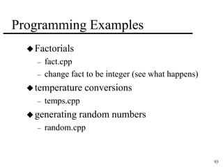93 
Programming Examples 
 Factorials 
– fact.cpp 
– change fact to be integer (see what happens) 
temperature conversions 
– temps.cpp 
generating random numbers 
– random.cpp 
 