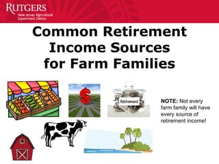 Common Retirement
Income Sources
for Farm Families
NOTE: Not every
farm family will have
every source of
retirement income!
 