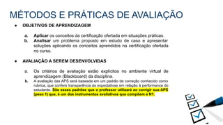 MÉTODOS E PRÁTICAS DE AVALIAÇÃO
● OBJETIVOS DE APRENDIZAGEM
a. Aplicar os conceitos da certificação ofertada em situações práticas.
b. Analisar um problema proposto em estudo de caso e apresentar
soluções aplicando os conceitos aprendidos na certificação ofertada
no curso.
● AVALIAÇÃO A SEREM DESENVOLVIDAS
a. Os critérios de avaliação estão explícitos no ambiente virtual de
aprendizagem (Blackboard) da disciplina.
b. A avaliação das APS será baseada em um padrão de correção conhecido como
rubrica, que confere transparência às expectativas em relação à performance do
estudante. São esses padrões que o professor utilizará ao corrigir sua APS
(peso 1) que, é um dos instrumentos avaliativos que compõem a N1.
 