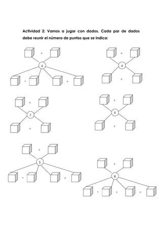 Actividad 2: Vamos a jugar con dados. Cada par de dados
debe reunir el número de puntos que se indica:
6
+
+ +
4
+
+
9
+
+
7
+
+
5
+
+ + 8
+
+ ++
 