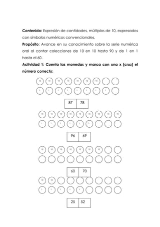 Contenido: Expresión de cantidades, múltiplos de 10, expresados
con símbolos numéricos convencionales.
Propósito: Avance en su conocimiento sobre la serie numérica
oral al contar colecciones de 10 en 10 hasta 90 y de 1 en 1
hasta el 60.
Actividad 1: Cuenta las monedas y marca con una x (cruz) el
número correcto:
1 1 1 1 1
10 10
25 52
11 1 1 1 1 1 1
1010 10 10 10 10 10
87 78
1 1 1 1 1 1
1010 10 10 10 10 10 10 10
96 69
1010 10 10 10 10 10
60 70
 