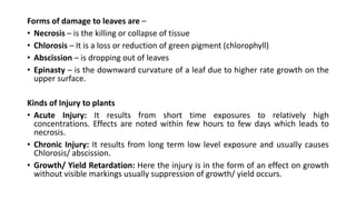 Forms of damage to leaves are –
• Necrosis – is the killing or collapse of tissue
• Chlorosis – It is a loss or reduction of green pigment (chlorophyll)
• Abscission – is dropping out of leaves
• Epinasty – is the downward curvature of a leaf due to higher rate growth on the
upper surface.
Kinds of Injury to plants
• Acute Injury: It results from short time exposures to relatively high
concentrations. Effects are noted within few hours to few days which leads to
necrosis.
• Chronic Injury: It results from long term low level exposure and usually causes
Chlorosis/ abscission.
• Growth/ Yield Retardation: Here the injury is in the form of an effect on growth
without visible markings usually suppression of growth/ yield occurs.
 