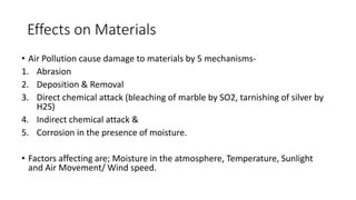 Effects on Materials
• Air Pollution cause damage to materials by 5 mechanisms-
1. Abrasion
2. Deposition & Removal
3. Direct chemical attack (bleaching of marble by SO2, tarnishing of silver by
H2S)
4. Indirect chemical attack &
5. Corrosion in the presence of moisture.
• Factors affecting are; Moisture in the atmosphere, Temperature, Sunlight
and Air Movement/ Wind speed.
 