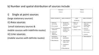 b) Number and spatial distribution of sources include
i) Single at point sources
(large stationary sources)
ii) Area sources
(small stationary sources &
mobile sources with indefinite routes)
iii) Line sources
(mobile sources with definite routes)
 