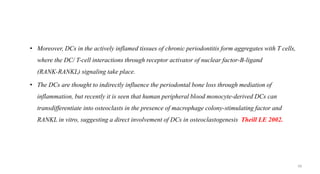• Moreover, DCs in the actively inflamed tissues of chronic periodontitis form aggregates with T cells,
where the DC/ T-cell interactions through receptor activator of nuclear factor-B-ligand
(RANK-RANKL) signaling take place.
• The DCs are thought to indirectly influence the periodontal bone loss through mediation of
inflammation, but recently it is seen that human peripheral blood monocyte-derived DCs can
transdifferentiate into osteoclasts in the presence of macrophage colony-stimulating factor and
RANKL in vitro, suggesting a direct involvement of DCs in osteoclastogenesis Theill LE 2002.
58
 