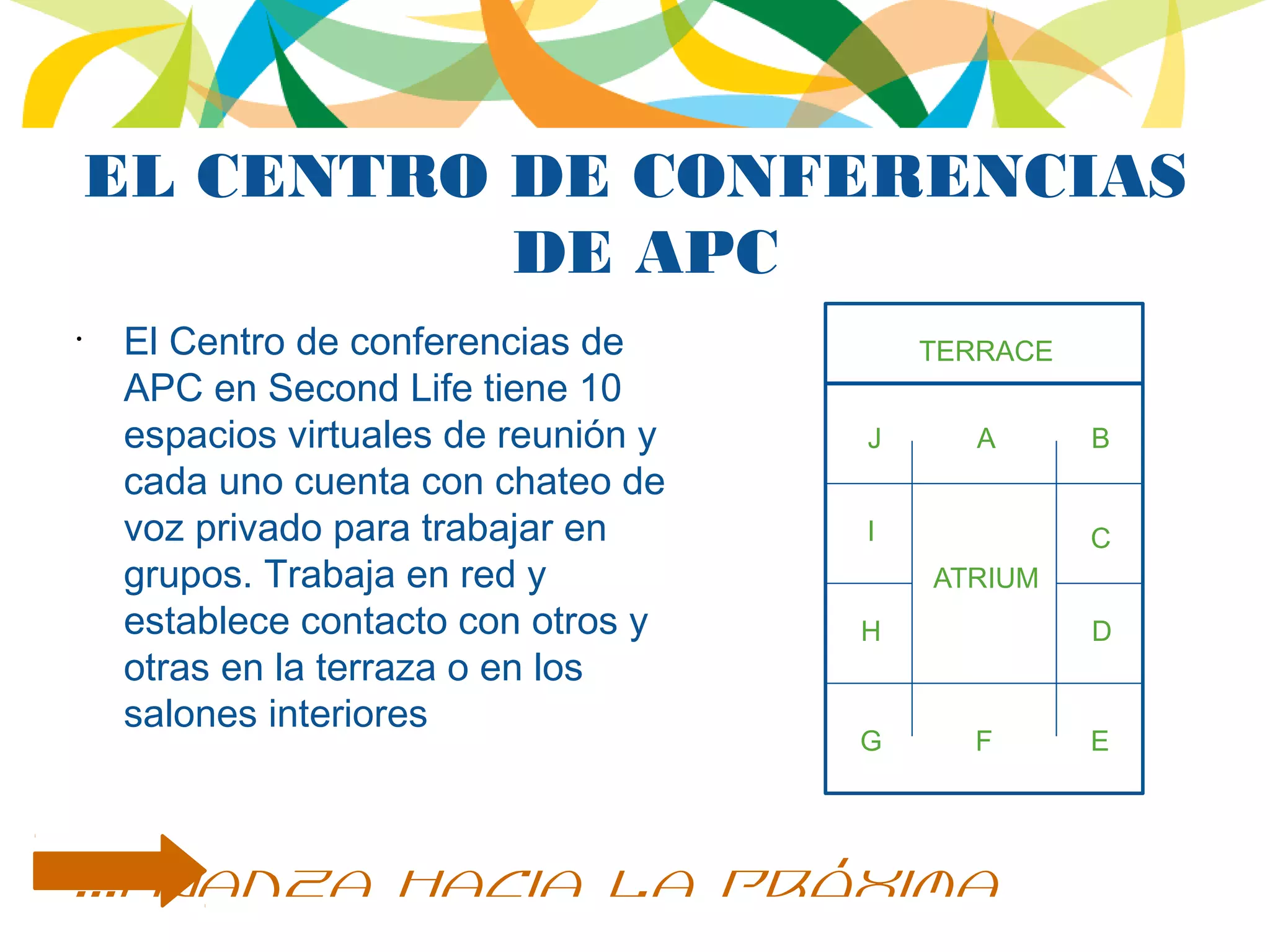 EL CENTRO DE CONFERENCIAS
DE APC
•
El Centro de conferencias de
APC en Second Life tiene 10
espacios virtuales de reunión y
cada uno cuenta con chateo de
voz privado para trabajar en
grupos. Trabaja en red y
establece contacto con otros y
otras en la terraza o en los
salones interiores
TERRACE
ATRIUM
A B
C
D
EFG
H
I
J
...avanza hacia la próxima
 