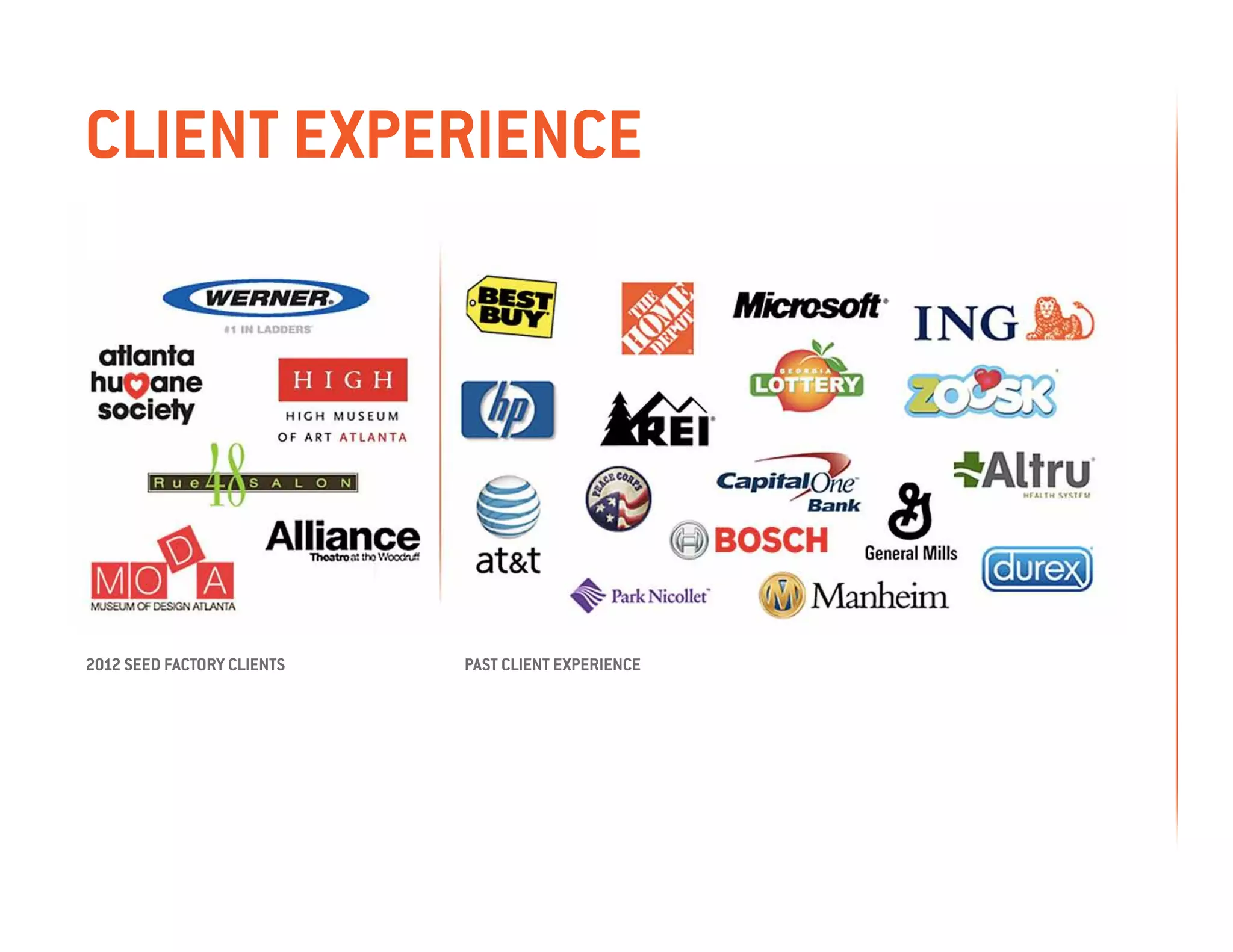 CLIENT EXPERIENCE




2012 Seed Factory Clients   past client experience
 