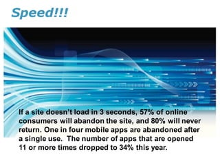 Speed!!!
If  a  site  doesn’t  load  in  3  seconds,  57%  of  online  
consumers  will  abandon  the  site,  and  80%  will  never  
return.  One  in  four  mobile  apps  are  abandoned  after  
a  single  use.    The  number  of  apps  that  are  opened  
11  or  more  times  dropped  to  34%  this  year.
 