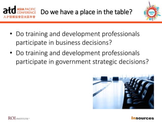 Do we have a place in the table?
• Do training and development professionals
participate in business decisions?
• Do training and development professionals
participate in government strategic decisions?
 